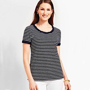Talbots navy-white striped tee shirt w/ crochet trim NWT petite medium.